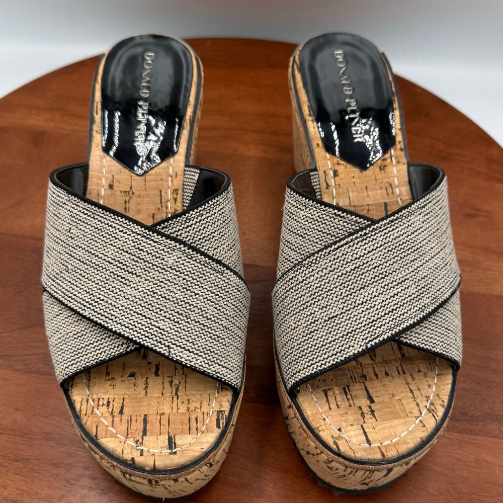 Donald Pliner Ideal Basic Elastic Wedge Platform Sandals Black Natural Cork W 10